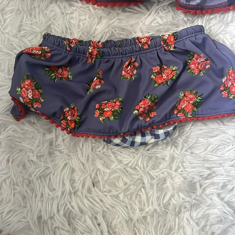 Matilda Jane Kids Swim Bikini - Blue Gingham with Red Floral Accents